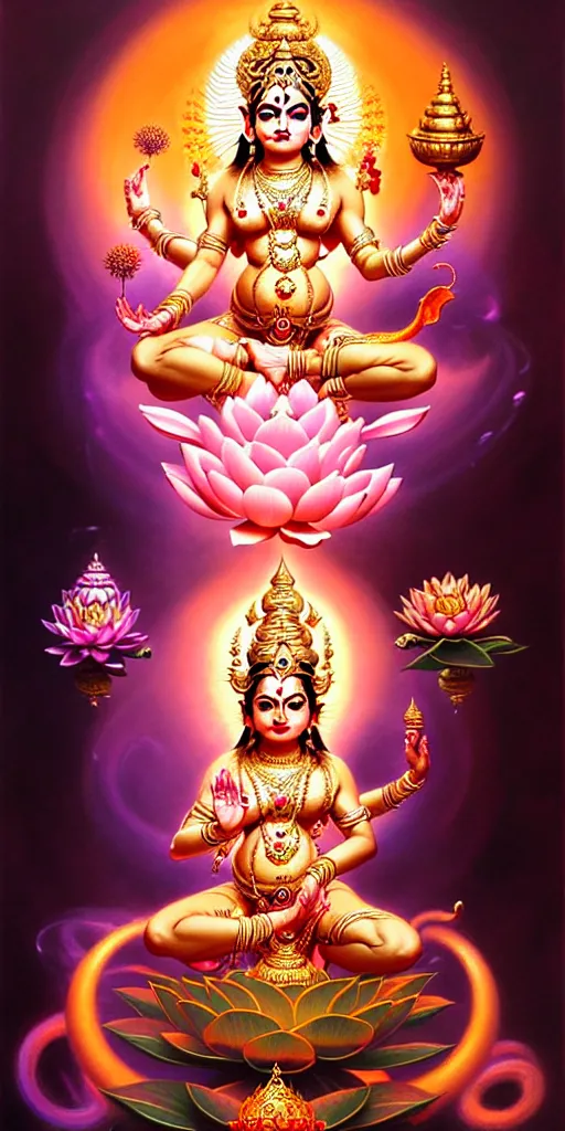Image similar to beautiful hindu goddess lakshmi fantasy character portrait, four hands, standing on a lotus, single figure composition, full body, chubby, ultra realistic, intricate details, the fifth element artifacts, highly detailed by peter mohrbacher, hajime sorayama, wayne barlowe, boris vallejo, aaron horkey, gaston bussiere, craig mullins