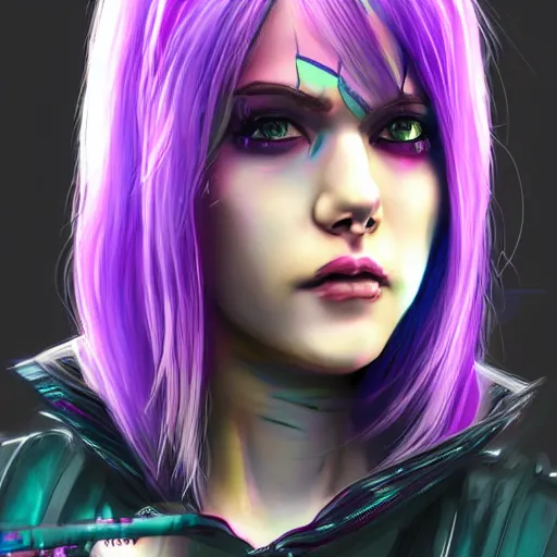 Image similar to cyberpunk girl with purple and green hair, headshot, tending on artstation, 8k