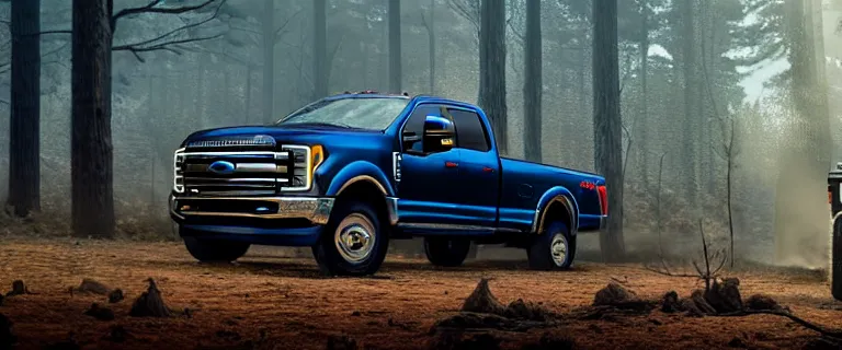 Image similar to navy blue Ford F-250 super duty pickup truck (2018), an epic fantasy, dramatic lighting, cinematic, establishing shot, extremely high detail, photorealistic, cinematic lighting, artstation, by simon stalenhag, driving on a forest trail