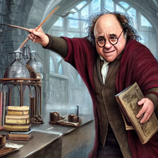 Prompt: Movie still of danny devito as as Harry Potter in potions class at hogwarts, fantasy, highly detailed, digital painting, artstation, concept art, sharp focus, illustration, art by Tony Sart and artgerm and randy vargas