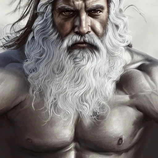Image similar to painted portrait of rugged zeus, greek god, 4 0 years old, handsome, white hair, soft hair, upper body, muscular, hairy torso, fantasy, intricate, elegant, highly detailed, digital painting, artstation, concept art, smooth, sharp focus, illustration, art by artgerm