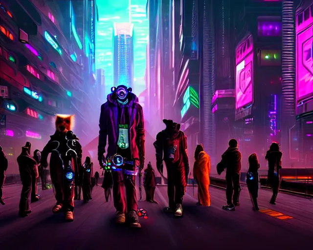 Image similar to high - resolution photograph from a cyberpunk era furry fandom convention ( midwest furfest 2 0 4 7 ), taking place after the genetic revolution and quantum singularity. photorealistic.