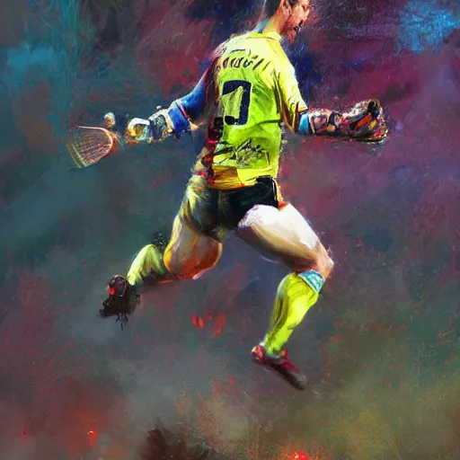 Prompt: A realistic hyperdetailed multi-colored digital oil full body portrait painting of a fat goal keeper jumping saving a shot, black jersey, in the style of Guy Denning, Ruan Jia, and Craig Mullins. Trending on ArtStation and DeviantArt. CGSociety Digital art.