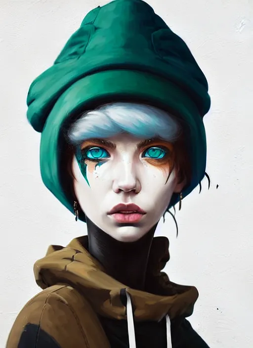 Image similar to highly detailed portrait of a sewer punk lady student, blue eyes, burberry hoody, hat, white hair by atey ghailan, by greg tocchini, gradient green, black, brown, cream and blue color scheme, grunge aesthetic!!! ( ( graffiti tag wall, plain white background ) )