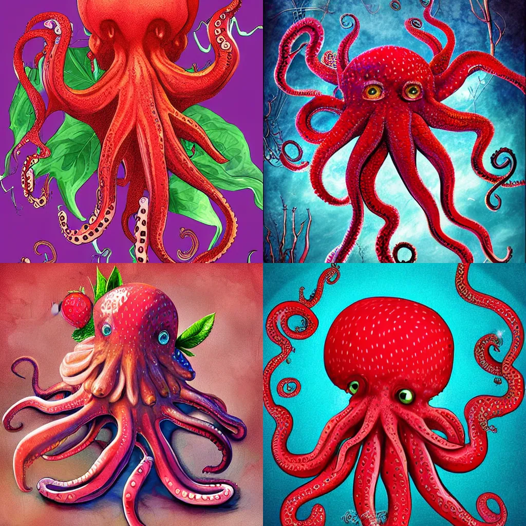 Prompt: strawberry octopus hybrid, fantasy style art, digital art, high detail