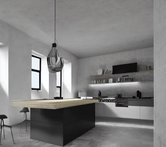 Prompt: brutalist black house kitchen interior design minimalist organic, organic architecture furniture open space high quality octane render blender 8 k