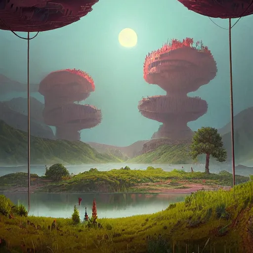 Image similar to beautiful digital artwork of a lush natural scene on an alien planet by simon stalenhag. extremely detailed. science fiction. interesting color scheme. beautiful landscape. weird vegetation. cliffs and water.