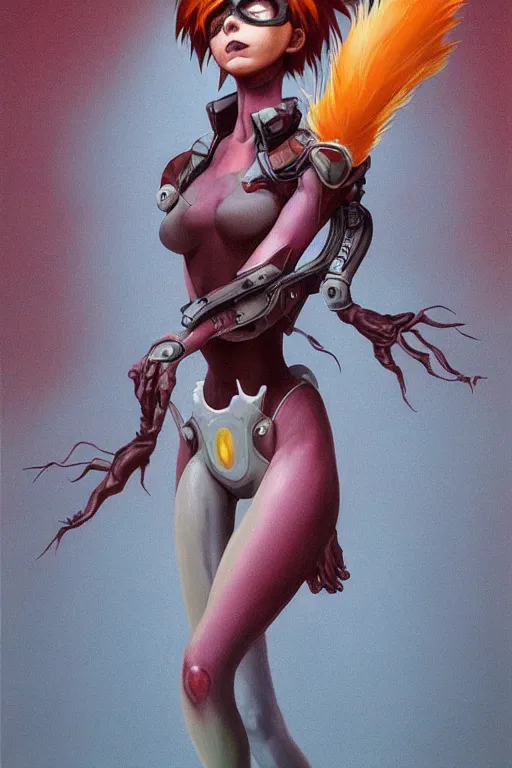 Prompt: full body painting of tracer from overwatch, in style of zdzisław beksinski, scary, horror, 4 k, feminine facial features, overwatch tracer character, horror, body horror, disturbing, detailed face, tall, long legs,