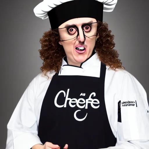 Prompt: a crazed weird al wearing a chef's hat and uniform with half of his lower body inside a bowl of alfredo, realistic, hyperrealistic, ultra realistic, real, real world, highly detailed, very detailed, extremely detailed, intricate details, 8 k resolution, hd quality