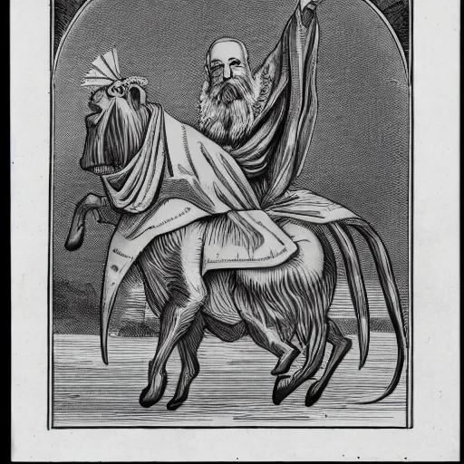 Image similar to old man ( wise long white beard wearing a hooded tunic ) riding on lions back