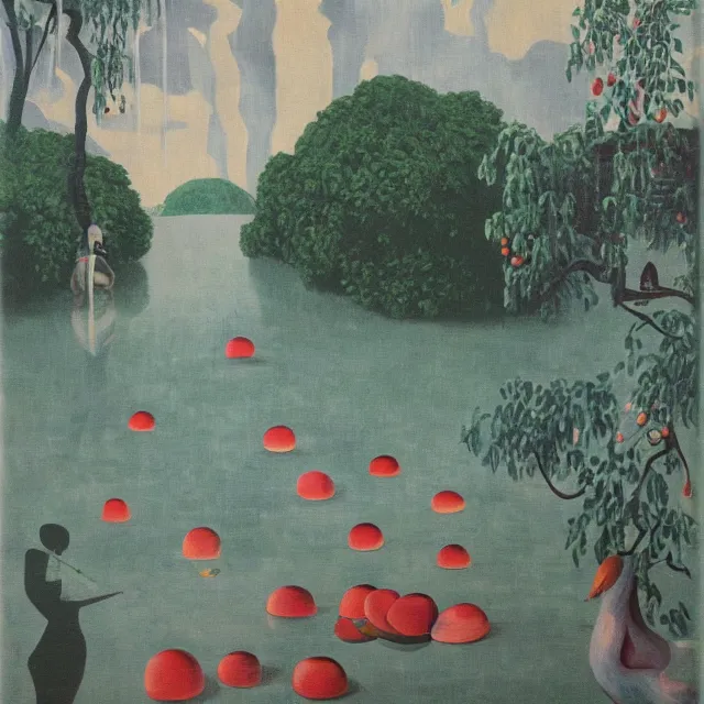 Image similar to painting of flood waters inside an art gallery, sensual female emo art student, a river flooding indoors, pomegranates, pigs, ikebana, water, octopus, river, rapids, waterfall, black swans, canoe, berries, acrylic on canvas, surrealist, by magritte and monet