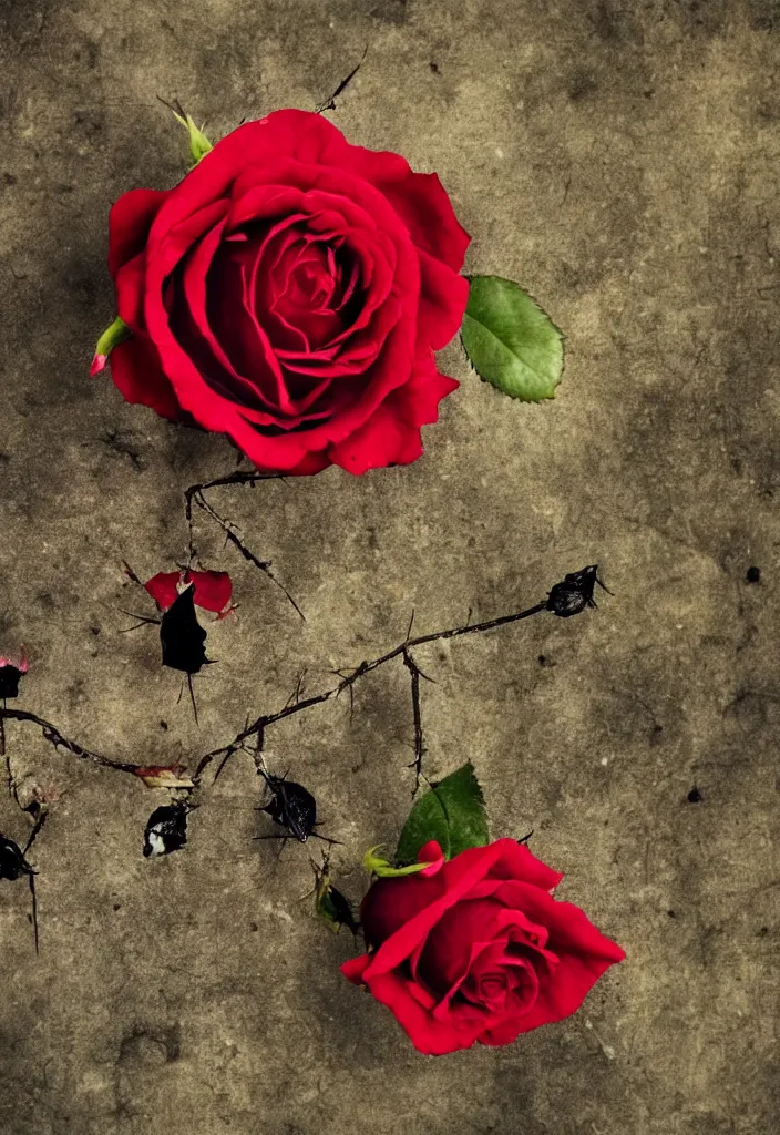 Prompt: a beautiful rose with black petals and blood - stained thorns