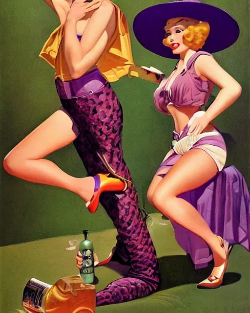 Prompt: Ril Mayer wearing purple green snakeskin cowhide motif and oversized cowboy hat promotes bottled bull run stimulant tonic SNAKE OIL, art by gil Elvgren and Ilya kuvshinov