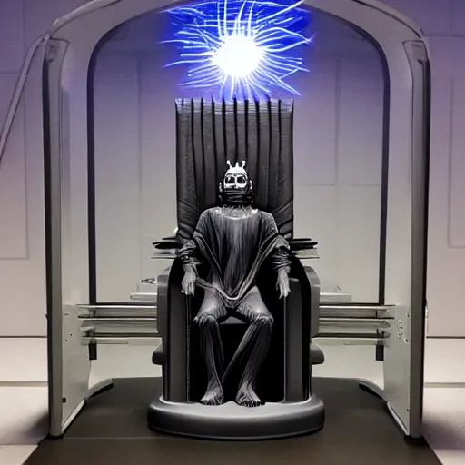 Prompt: the mind throne sits in the simulation chamber