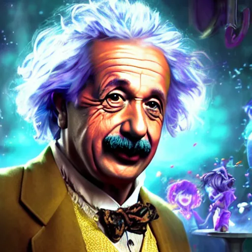 Image similar to portrait of albert einstein as willy wonka, league of legends amazing splashscreen artwork, fantasy, splash art, natural light, elegant, photorealistic facial features, intricate, fantasy, detailed face, atmospheric lighting, anamorphic lens flare, cinematic lighting, league of legends splash art, hd wallpaper, ultra high details by greg rutkowski