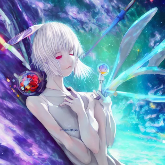 Image similar to rei ayanami, deep space, seascape, grimes, silver hair, shikinami asuka langley, card captor sakura, bunny ears, cosmos, psychedelic flowers, black opal, rainbow aura quartz, organic, oni compound artwork, of character, render, artstation, portrait, wizard, beeple, art, fantasy, epcot, psychedelic glitchcore