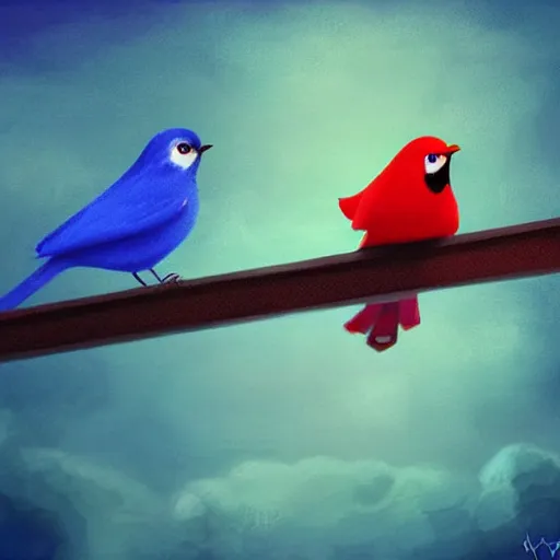 Image similar to a beautiful adorable fantasy whimsical matte digital storybook painting of a blue bird a red bird and a yellow bird on a wire, bright blue sky, Disney concept art, trending on artstation hq, contest winner