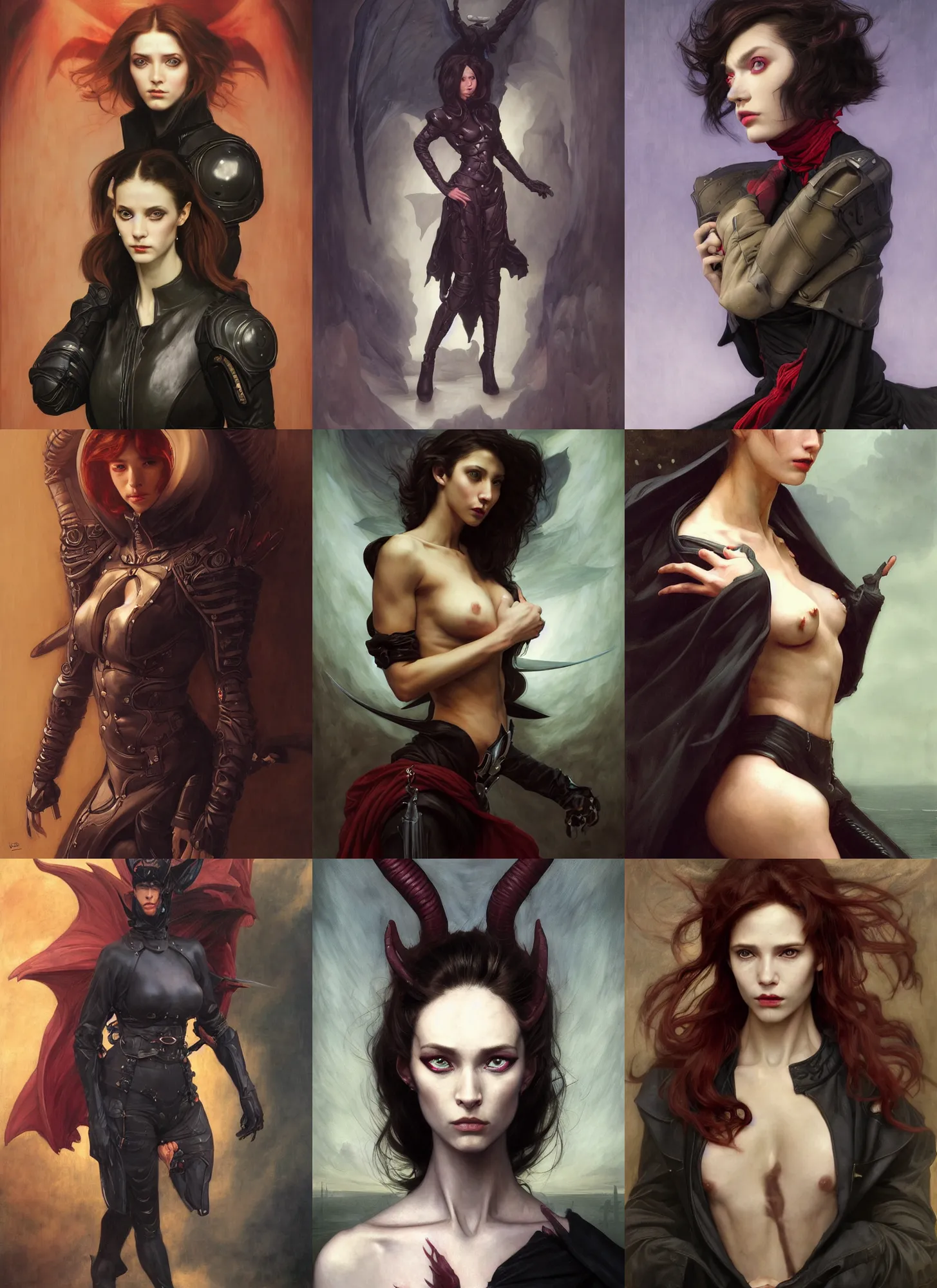 Prompt: demon half human, elegant, wearing a bomber jacket, full body, armor, hyper realistic, shy, extremely detailed, dnd character art portrait, fantasy art,, dramatic lighting, vivid colors, deviant art, artstation, by edgar maxence and caravaggio and michael whelan and delacroix, lois van baarle and bouguereau