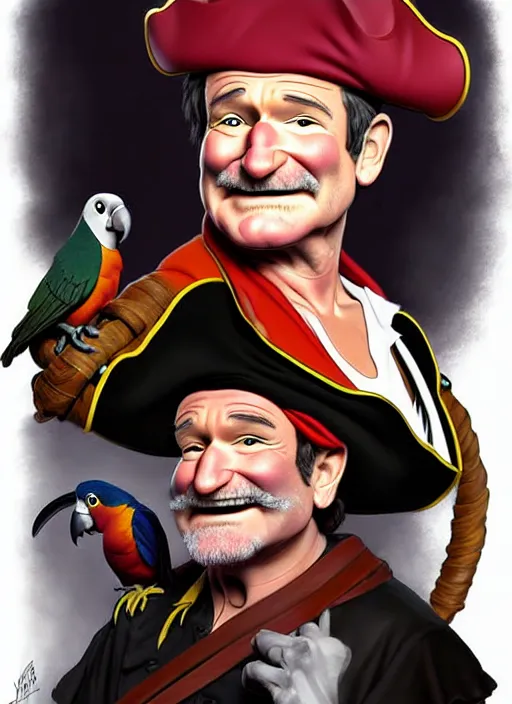 Image similar to robin williams as a pirate wearing black. parrot on his shoulder, on a pirate ship natural lighting, path traced, highly detailed, high quality, digital painting, by don bluth and ross tran and studio ghibli and alphonse mucha, artgerm