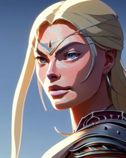 Image similar to azctec warrior, margot robbie, detailed perfect face, exquisite details, fire magic, mid view, design on a white background, by studio muti, greg rutkowski makoto shinkai takashi takeuchi studio ghibli