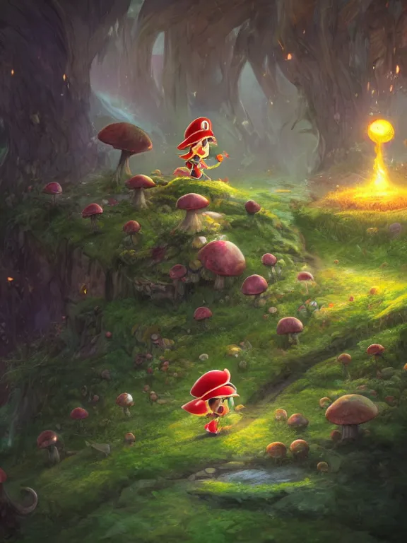 Prompt: female on the mushroom kingdom, fantasy scene,concept art, sharpness, 4k, high detailed, UHD, cinematic lightning, trending on deviantart by wlop and tyler edlin