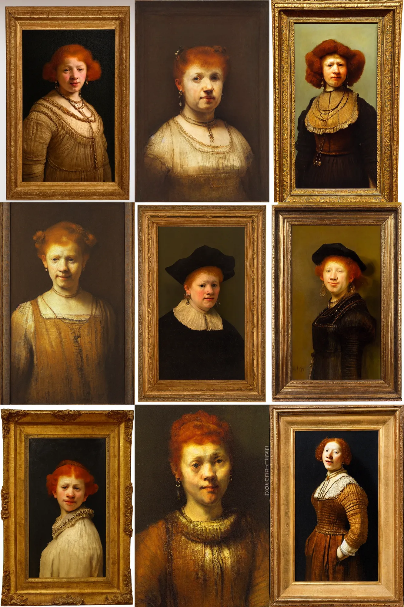 Prompt: symmetrical portrait of a stocky redheaded woman, oil painting by Rembrandt