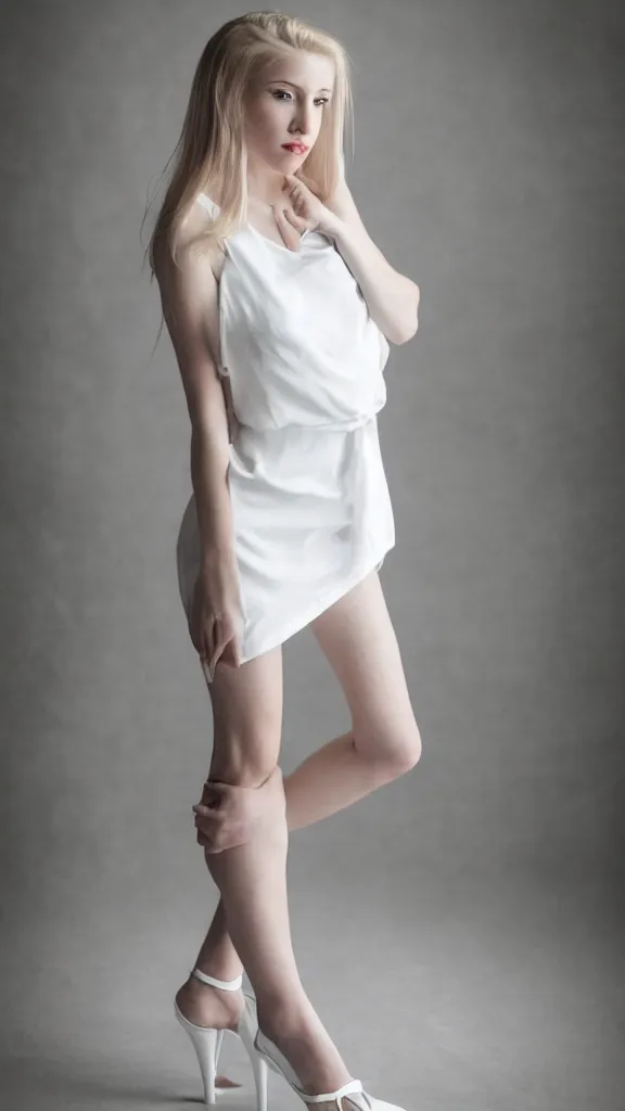 Prompt: extremely beautiful studio photo of emily skinner, looking like annie leonhart, with beautiful slim legs, wearing heels and white short dress, in a white room, pale skin, bokeh, very very very very beautiful!!, hard focus, sexy pose, full body shot, 9 0 mm, f / 1. 2 5