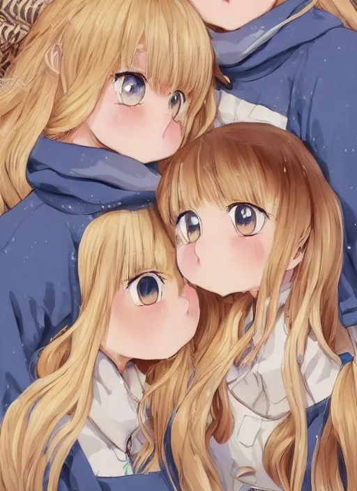 Prompt: highly detailed portrait of one blonde haired blue eyed and one brown haired brown eyed anime girl in animal themed onesies pressed against each other looking at us, happy, excited, digital art, cute, anime, detailed faces, well drawn faces, cute faces, hand drawn, 8 k, trending on artstation, detailed eyes, official media, by hayao miyazaki