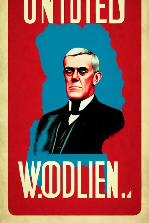 Prompt: the president, woodrow wilson is the united states president, 8 0's movie poster, theatrical poster, vibrant fan art, digital art, trending on artstation, minimalist