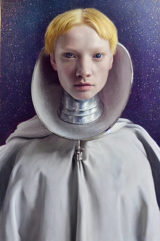 Image similar to hyperrealism oil painting, close - up portrait of albino medieval fashion model, knight, steel gradient mixed with nebula sky, in style of baroque