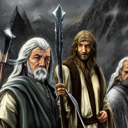 Image similar to gandalf, aragorn, legolas and gimli gta cover style