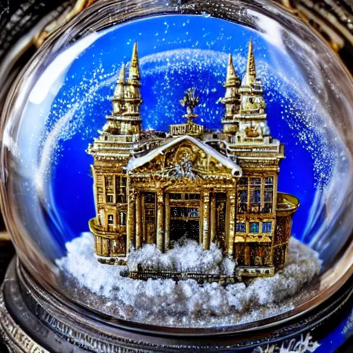 Image similar to nuclear bomb exploding in a city inside a snow globe, highly ornate intricate details,