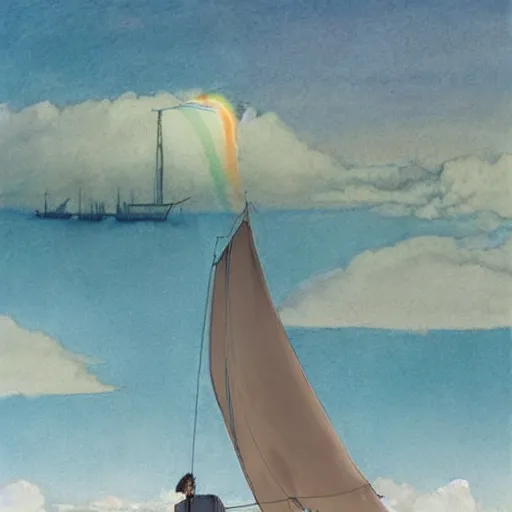 Image similar to etching peaceful by makoto shinkai, by donna huanca. a beautiful drawing of a sailboat sailing on a sea of clouds, with a rainbow in the background. the sailboat is crewed by a group of monkeys, & the sails are billowing in the wind.