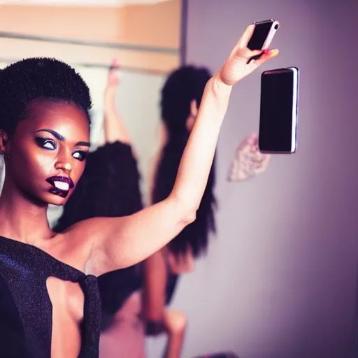 Prompt: Close up of a black female fashion model wearing an edgy black dress doing selfie in room of mirrors, photography , fashion magazine editorial , highly detailed