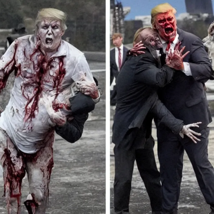 Prompt: zombie trump and alex jones reenacting the iconic i'm the king of the world scene from the movie titanic