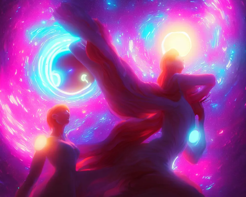Prompt: a beautiful whimsical woman standing under a multi-colored binary blackhole with an accretion disc, casting magic, glowing trails following her arms, digital art, by Lois van Baarle, by Greg Rutkowski, by artgerm, by beeple, cinematic angle, volumetric lighting, 4k resolution, octane render, trending on artstation, masterpiece