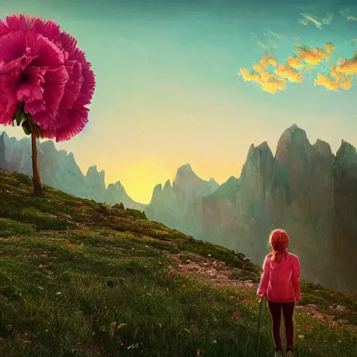 Image similar to giant carnation flower as a head, girl hiking in the dolomites, surreal photography, sunrise, dramatic light, impressionist painting, colorful clouds, digital painting, artstation, simon stalenhag