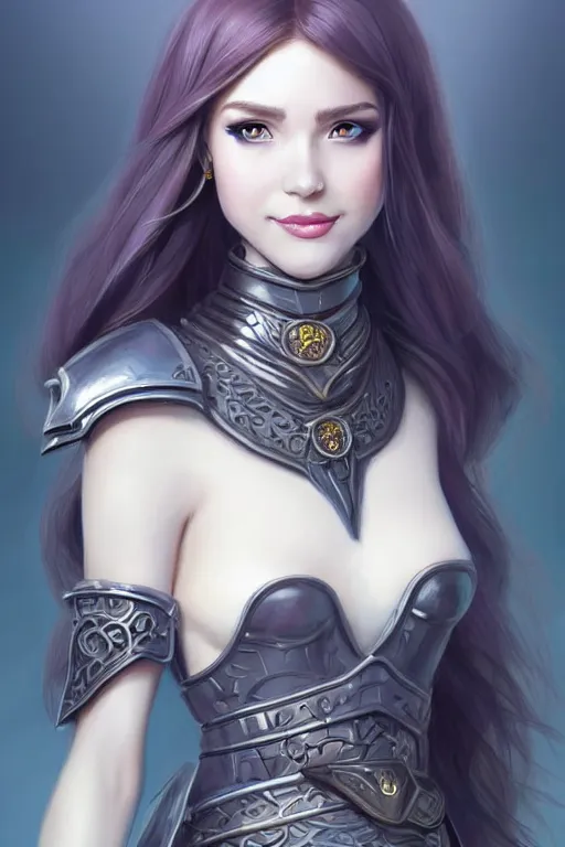 Prompt: a full body portrait of a gorgeous female paladin, D&D, choker on neck, stylish dress, very long flowing hair, intricate, elegant, stylish, cute slightly nerdy smile, mouth slightly open, fantasy, extremely detailed, digital painting, artstation, concept art, smooth, sharp focus, illustration, art by artgerm and greg rutkowski and alphonse mucha
