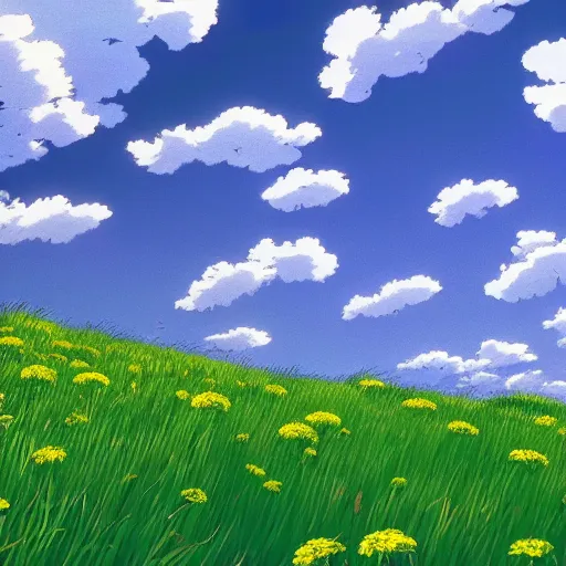 Prompt: A wide-up shot of a sea of withe dandelions with green wind blowing, anime style, Studio Ghibli style, cel shading,