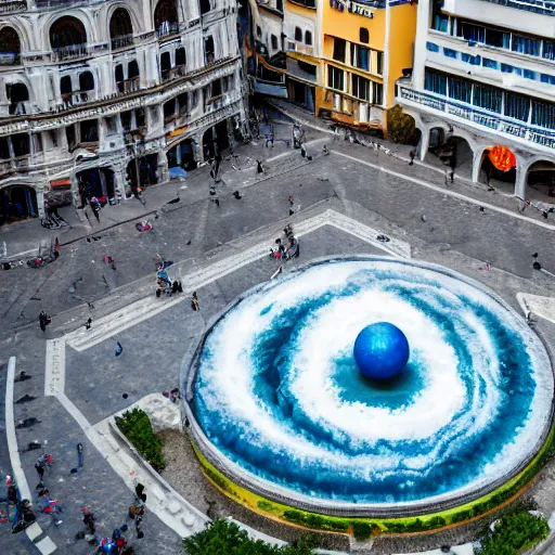 Image similar to A white and blue marble sculpture of The Great Wave off Kanagawa in the middle of an Italian piazza without people, midday, 4k photograph, sunny day, long shot, overhead view, far away