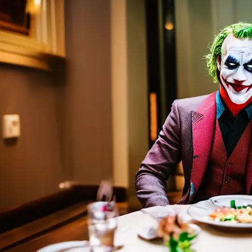 Image similar to heath ledger joker eating at a fancy restaurant with deadpool, 85mm f/1.4