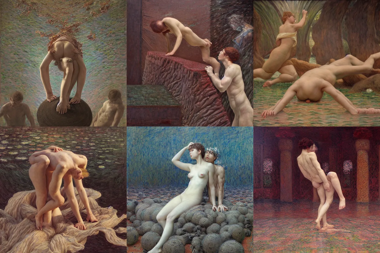 Prompt: metaphor of the collapse of a physical structure, figures, in the style of jeremy enecio, intricate, miles johnston, monet, cynical realism, john william godward, painterly, yoshitaka amano, miles johnston, louise zhang, matt murphy, enes dirig, pekka halonen, finnish naturalism, realism