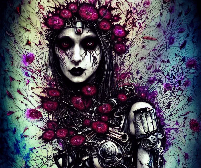 Image similar to gothic mute hybrid cyborg warrior girl of flowers, cybor clothes shaping love!, freedom fighter, eerie, cinematic, epic, 8 k, ultra realistic,. | a psychedelic, illustration by albrecht durer, concept art in style of carne griffiths artwork by xsullo. | backround of beautiful floweres floatingby elson, peter kemp, peter