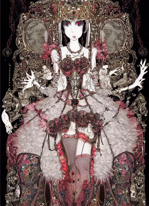 Prompt: baroque bedazzled gothic royalty frames surrounding a pixelsort emo demonic horrorcore japanese beautiful early computer graphics automaton doll, by guro manga artist Shintaro Kago