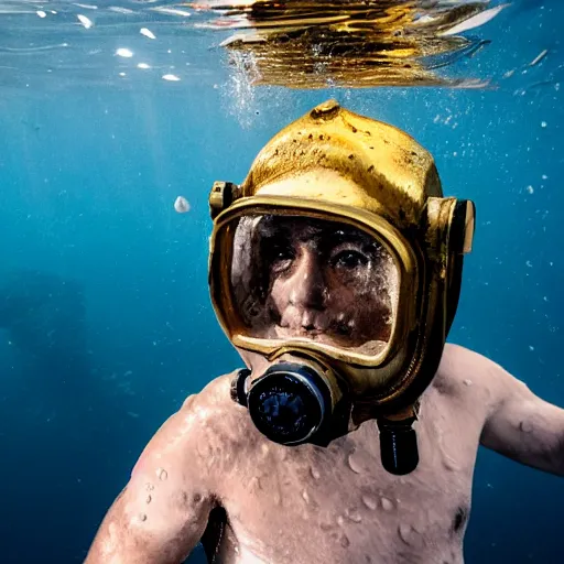 Image similar to a head and shoulders portrait of a man with an old gold diving helmet on underwater in murky water.