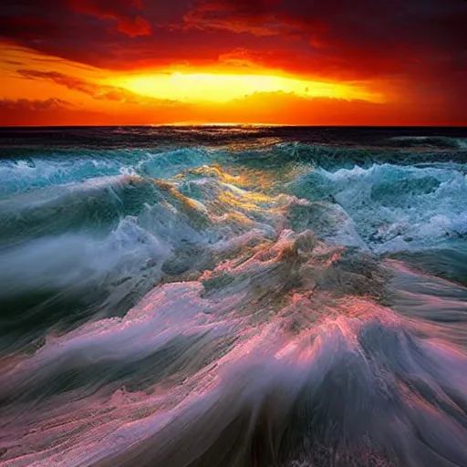 Prompt: sea photography by marc adamus, sunset, dramatic lighting, clouds, beautiful'gives instant pleasant looking photography - like images