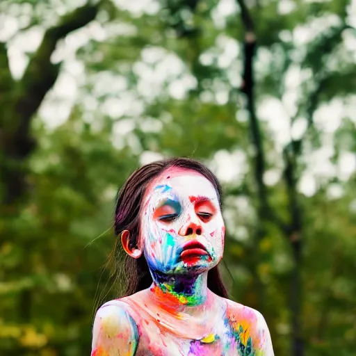 Image similar to a girl with cracked skin painting her face with paint, 5 0 mm lens, f 1. 4, sharp focus, ethereal, emotionally evoking, head in focus, volumetric lighting, blur dreamy outdoor,