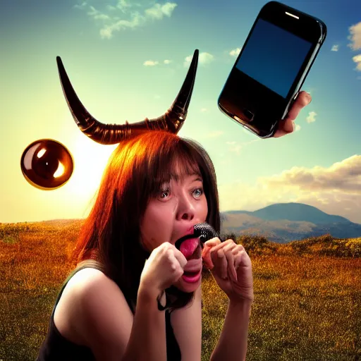 Image similar to crazy womon, big eyes with horn yelling at phone stick, newspsper style golden hour