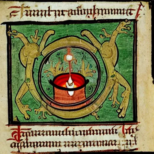 Image similar to A medieval illustration of a frog practicing alchemy, illuminated manuscript,