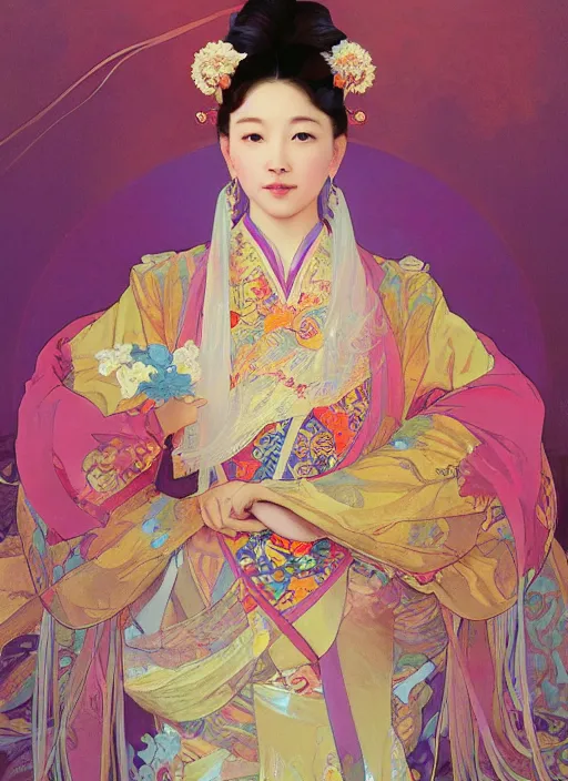 Prompt: full body portrait shot of a beautiful chinese princess wearing flowing colourful clothes, highly detailed, by alphonse mucha, rhads, ross tran, artstation, artgerm, octane render, 1 6 k